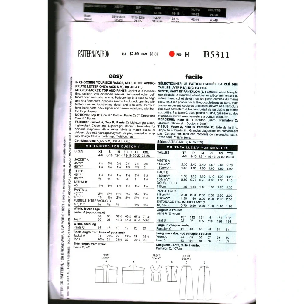 See‎ & Sew B5311 Sewing Pattern Misses Jacket Top Pants Size Large Easy CUT